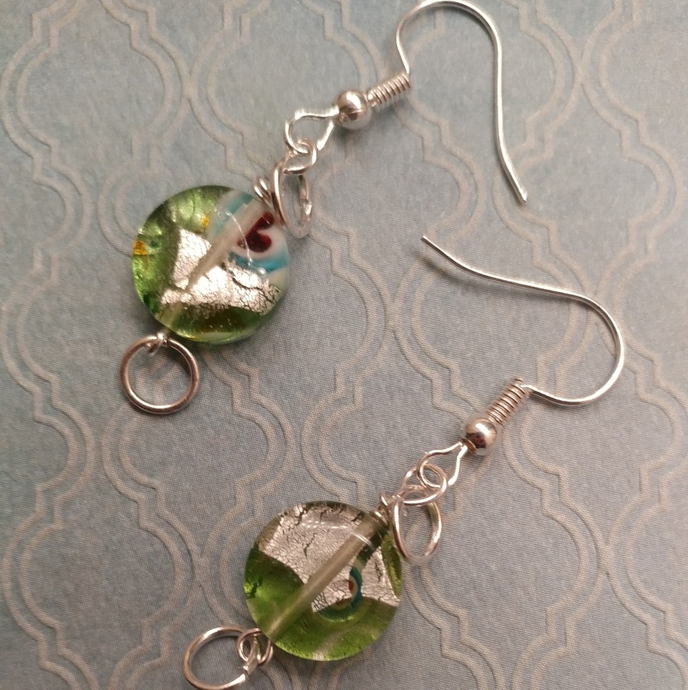 Handcrafted green glass bead dangle earrings